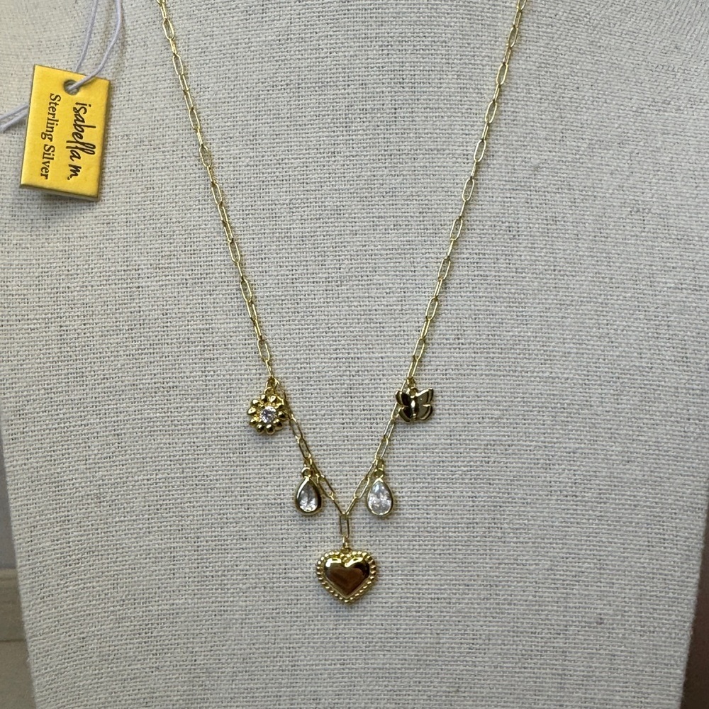🦋 Isabella Sterling Silver Gold Charm Necklace with Heart, Flower and Butterfly